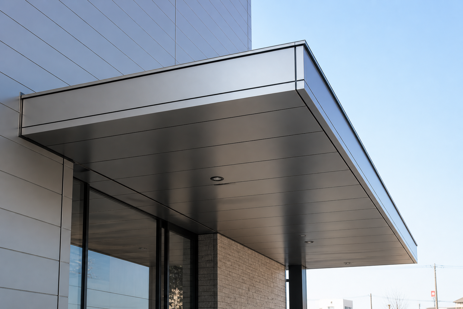 マンションエントランス庇のアルミパネル施工事例